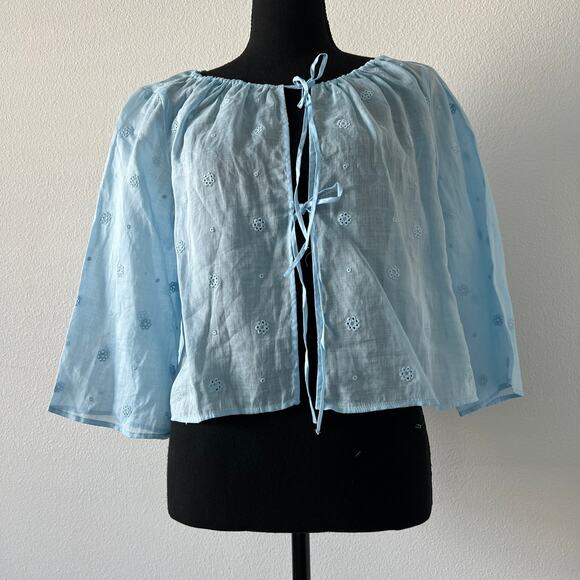 J Crew Tie Front Eyelet Top In Ramie XS Sheer Blue Preppy Flaws - Picture 2 of 15
